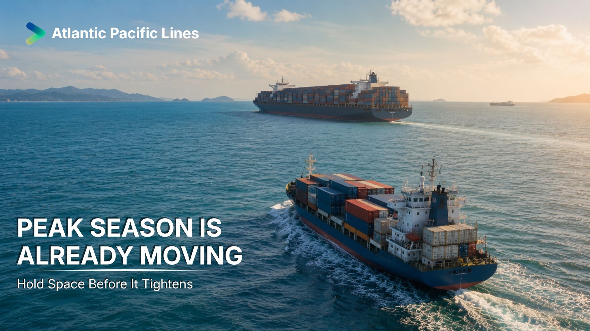 Container vessel moving through peak season ocean freight conditions, representing tight capacity, blank sailings, equipment shortages, and guaranteed allocation planning.
