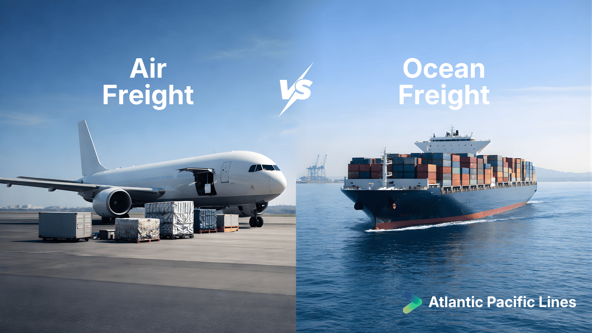 Air freight vs ocean freight comparison showing cargo aircraft and container ship for global shipping decision
