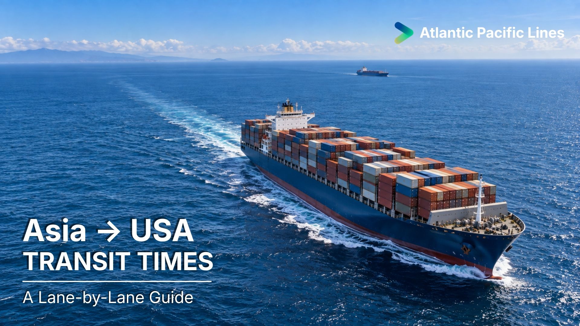 Container vessel sailing from Asia toward the United States, representing ocean transit times, direct and connected routings, and committed vessel space.