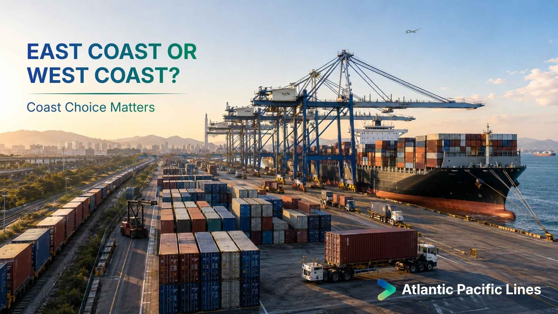 China to United States ocean freight routing visual comparing East Coast and West Coast shipping, inland rail, transit time, and guaranteed vessel space.