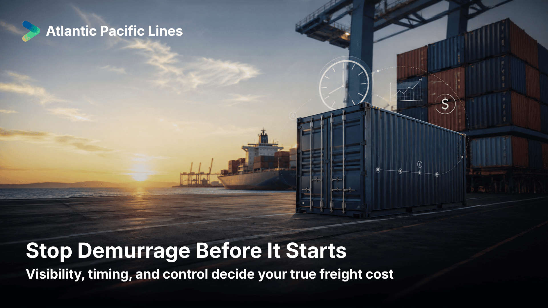 Shipping container at a port terminal representing demurrage, detention, free time risk, and ocean freight cost control.