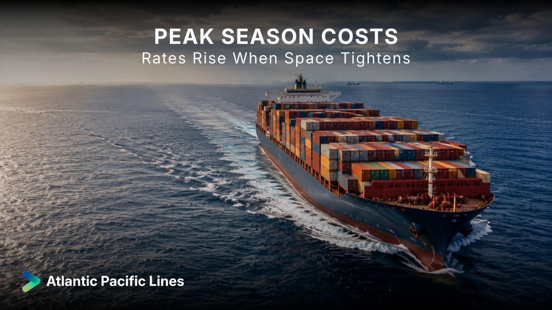 Container vessel sailing through open ocean during peak season, representing ocean freight rate increases, GRI, PSS, capacity pressure, and committed allocation.