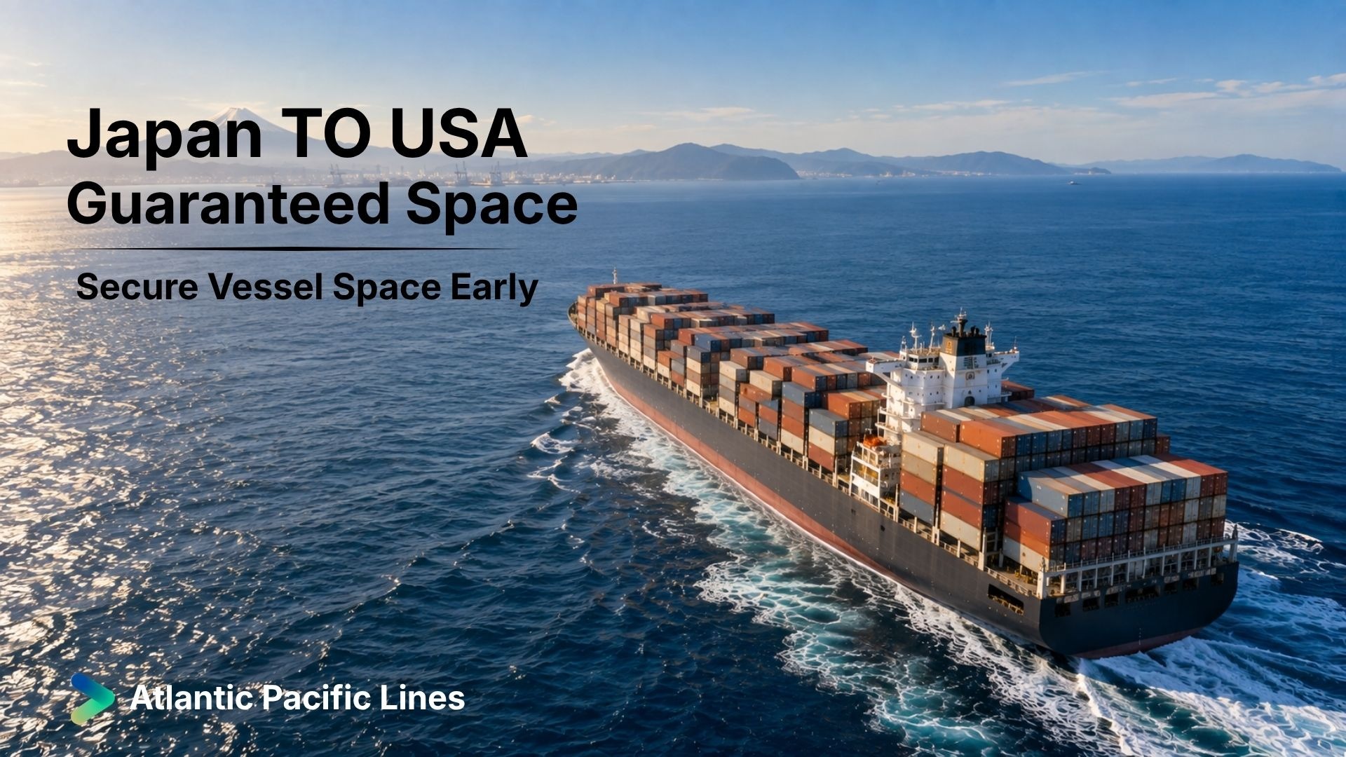 Container vessel sailing from Japan toward the United States, representing guaranteed vessel space for precision manufacturing cargo and just-in-time parts.