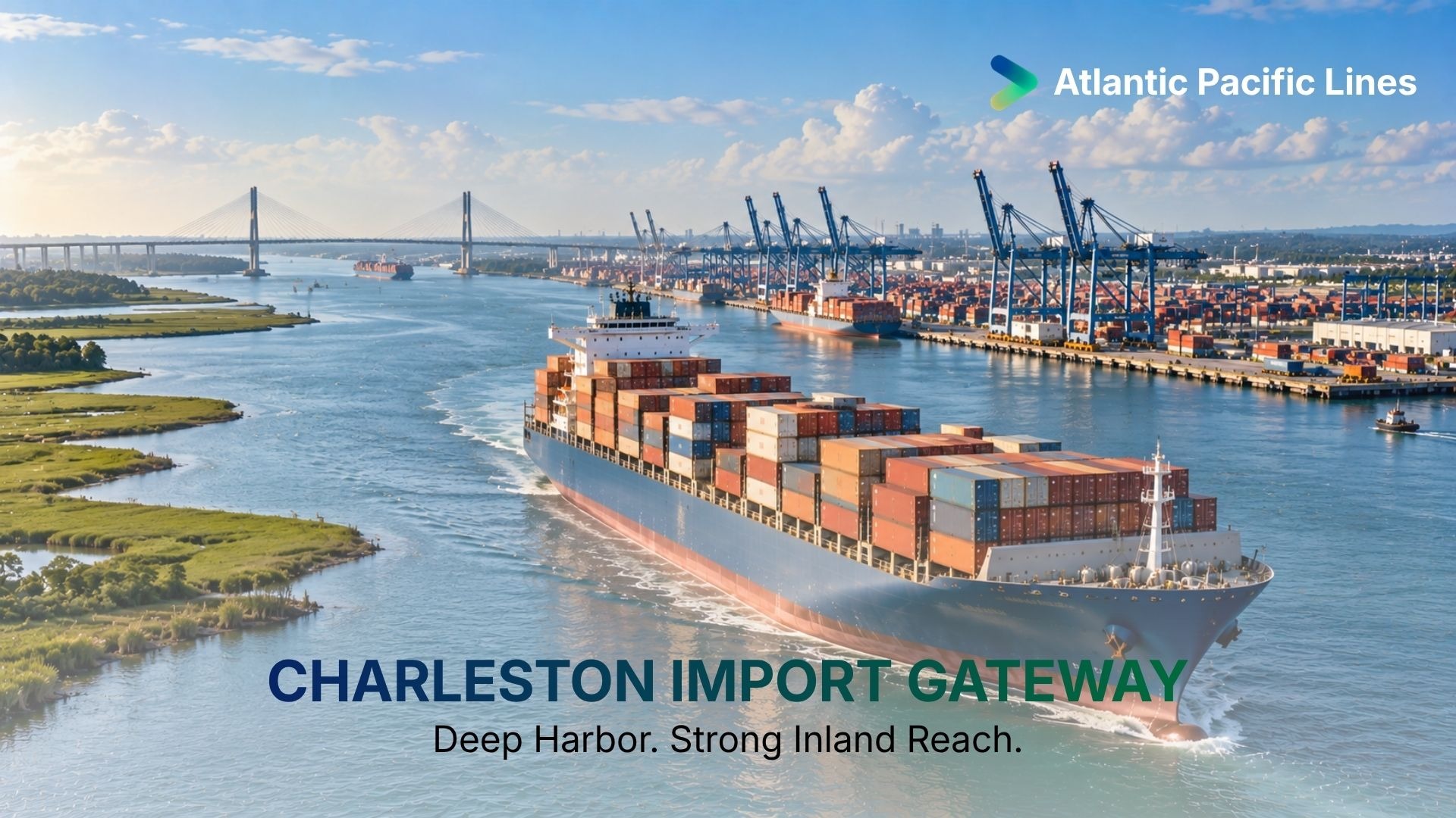 Container vessel entering the Port of Charleston, representing deep-water access, Southeast imports, inland rail, drayage, transload, and committed vessel space.