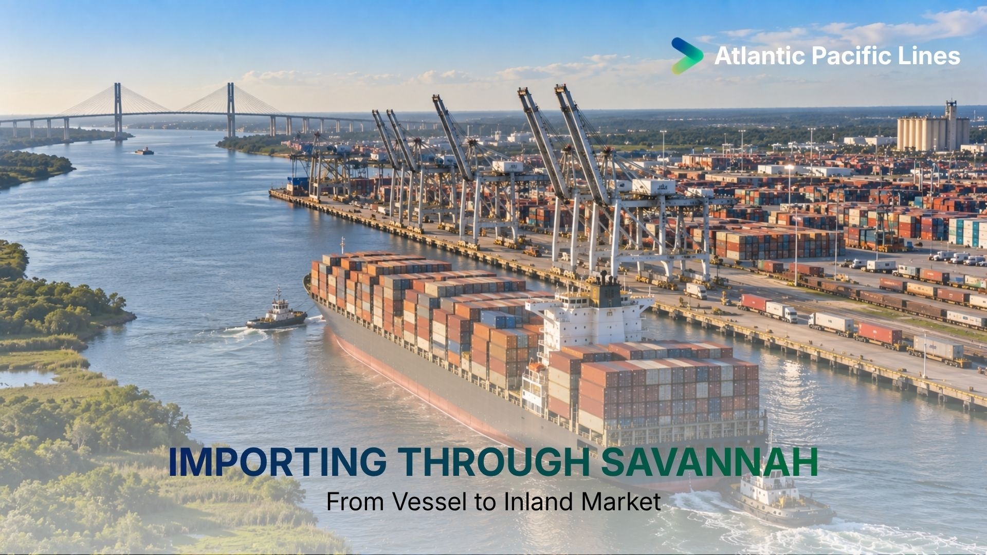 Container vessel arriving at the Port of Savannah, representing import vessel space, Garden City Terminal, Mason Mega Rail, drayage, and transload planning.