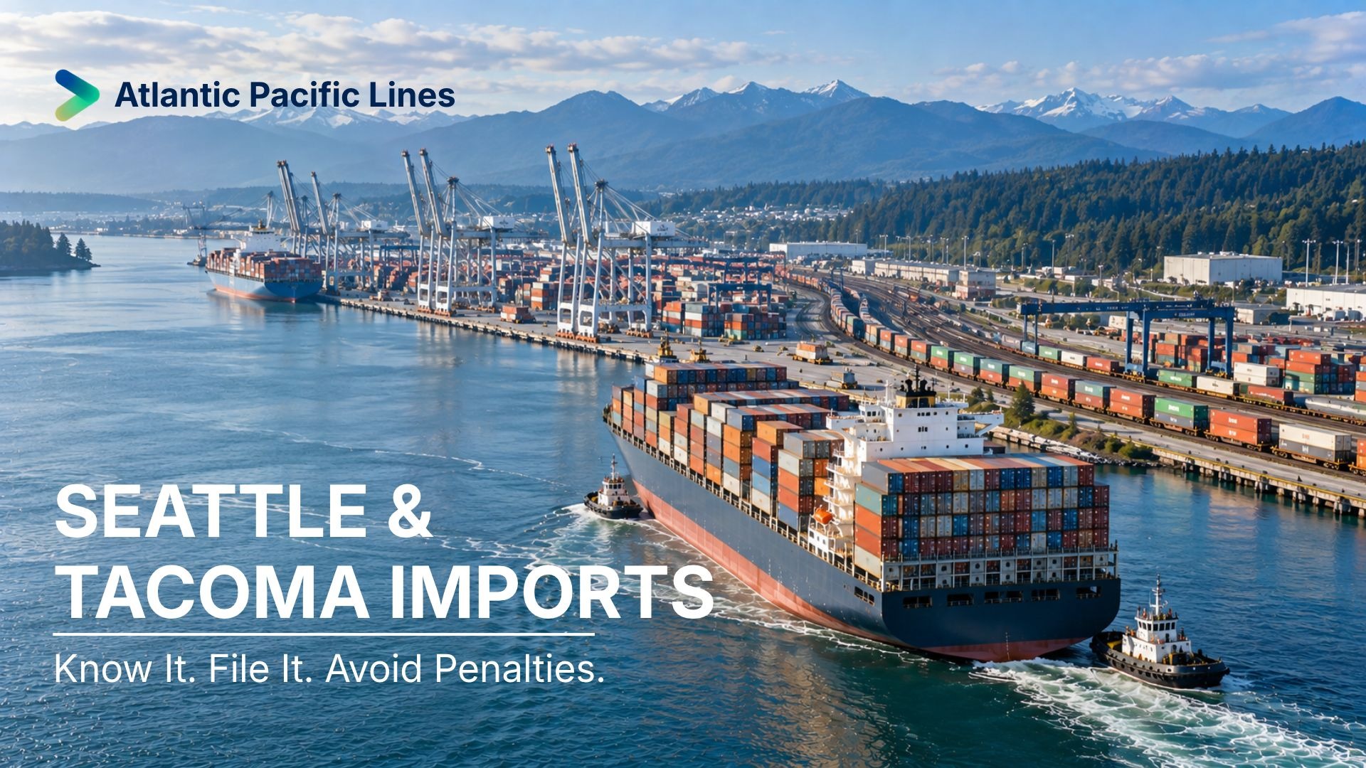 Container vessel arriving at the Seattle and Tacoma gateway, representing fast Asia transit, intermodal rail, vessel space, drayage, and Pacific Northwest imports.