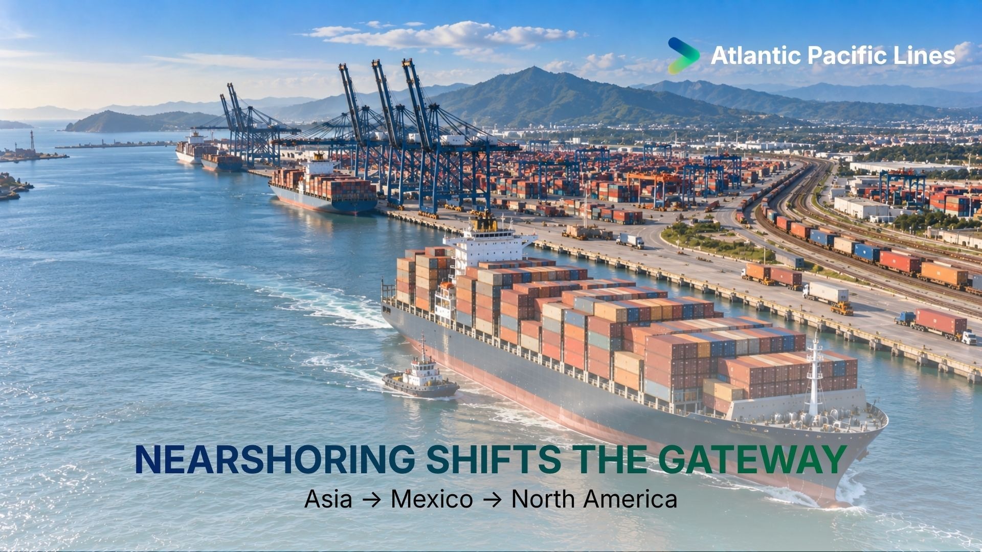 Container vessel approaching a Mexican Pacific gateway, representing nearshoring, Asia-to-Mexico ocean freight, inland rail connectivity, and changing North American trade lanes.