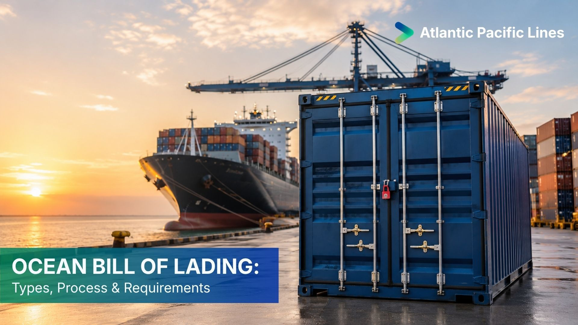 Ocean bill of lading document reviewed at a port logistics desk with containers and vessel operations in the background.