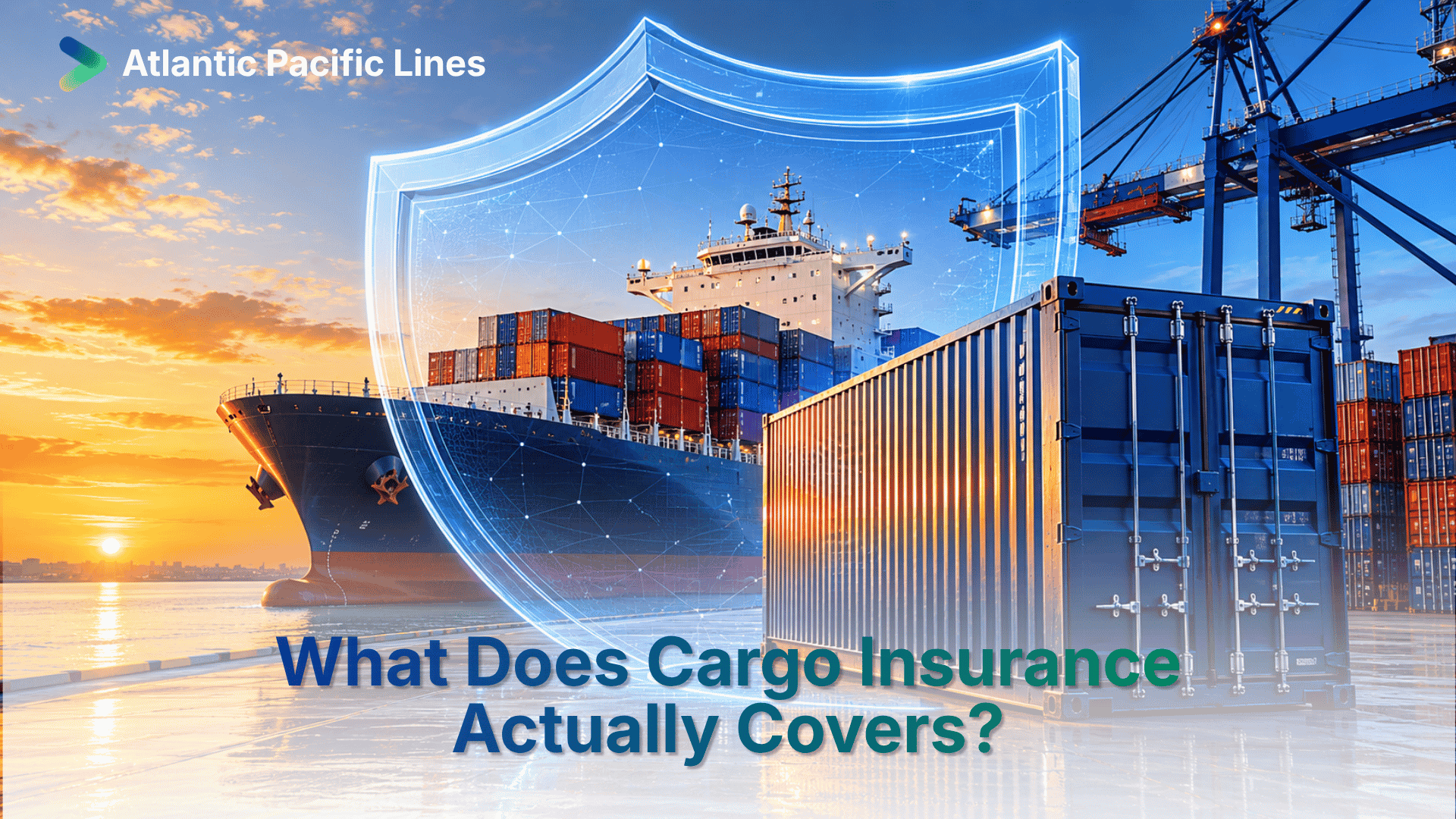 Insured ocean freight cargo containers at a port terminal with a cargo vessel prepared for international shipping.