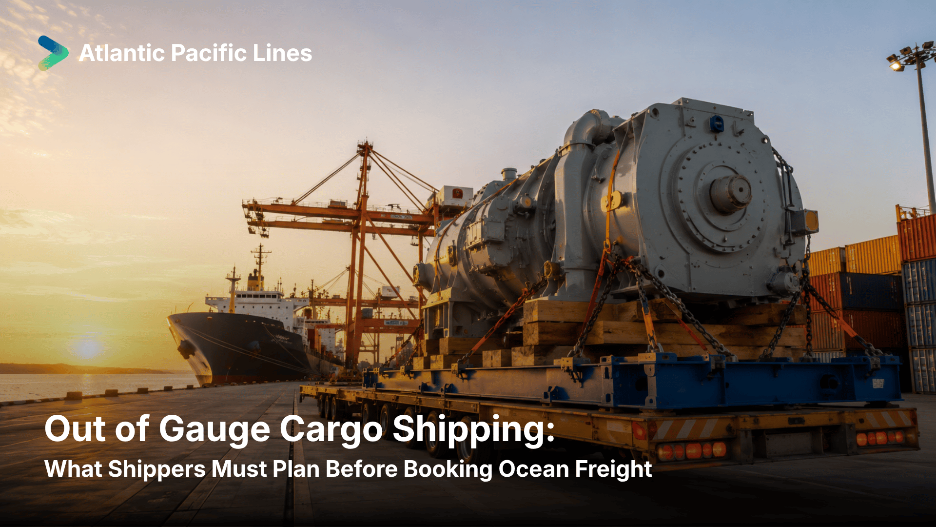 Out of gauge cargo being prepared for ocean freight with oversized industrial equipment, flat rack handling, port coordination, and carrier approval planning.