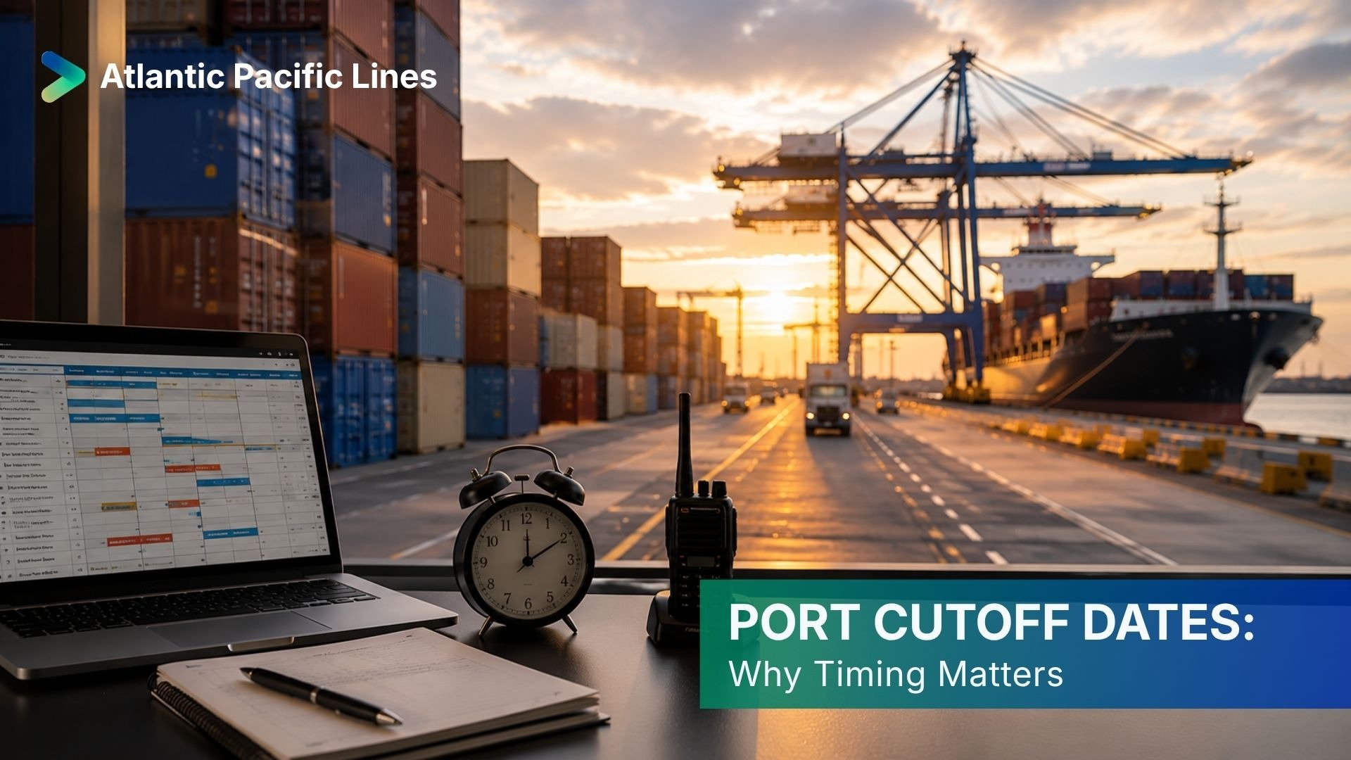 Ocean freight container at a port terminal near a vessel loading area, representing port cutoff dates and shipment deadline management.