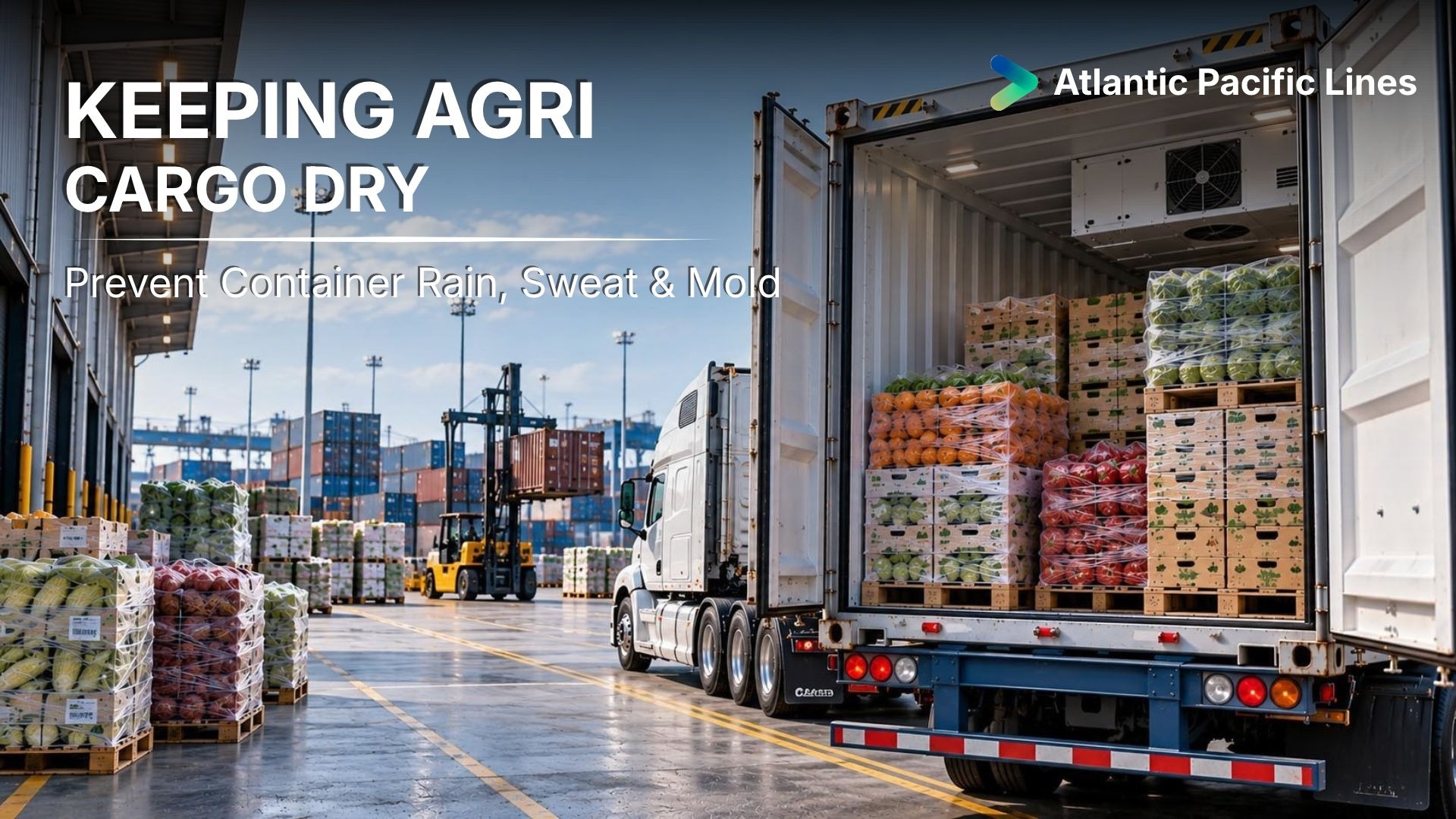 Agricultural cargo protected inside a dry ocean container using liners and moisture control to prevent container rain, cargo sweat, mold, and condensation damage.