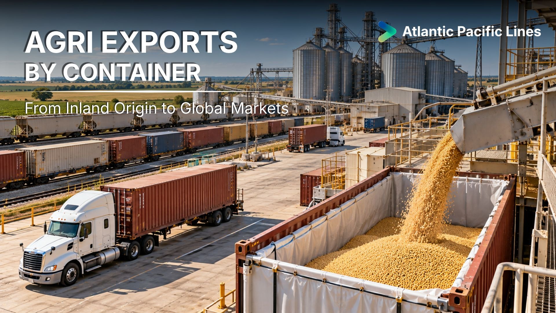Agricultural commodities being loaded into food-grade ocean containers, representing grains, oilseeds, pulses, weight planning, inland logistics, and contracted vessel space.