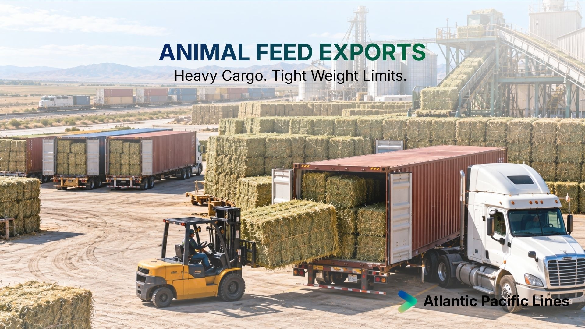 Compressed hay and animal feed being loaded into dry ocean containers, representing forage exports, dense cargo, weight planning, inland logistics, and contracted vessel space.