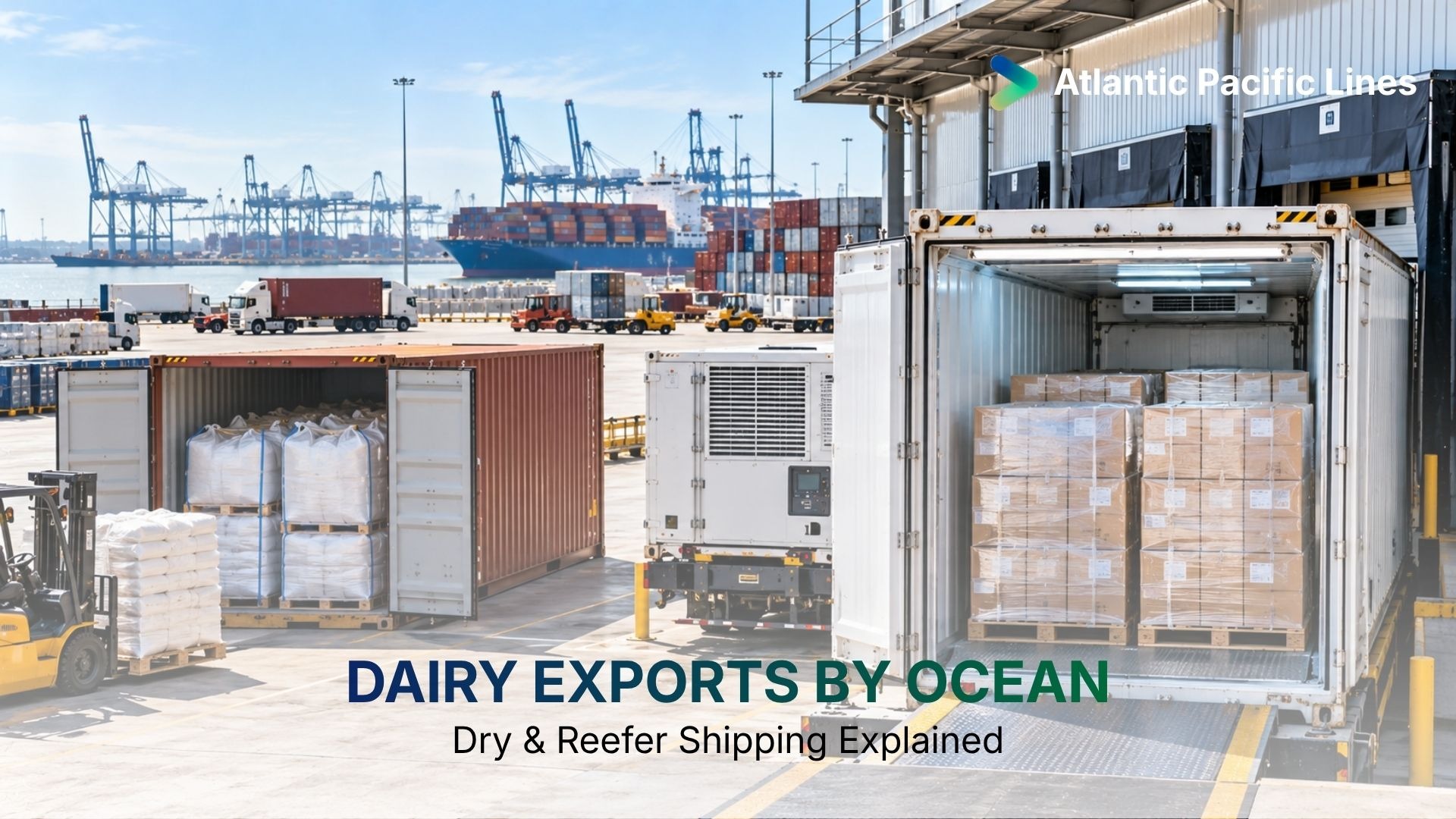 Dry and refrigerated ocean containers prepared for dairy exports, representing milk powder, whey, cheese, butter, cold-chain control, weight planning, and contracted vessel space.