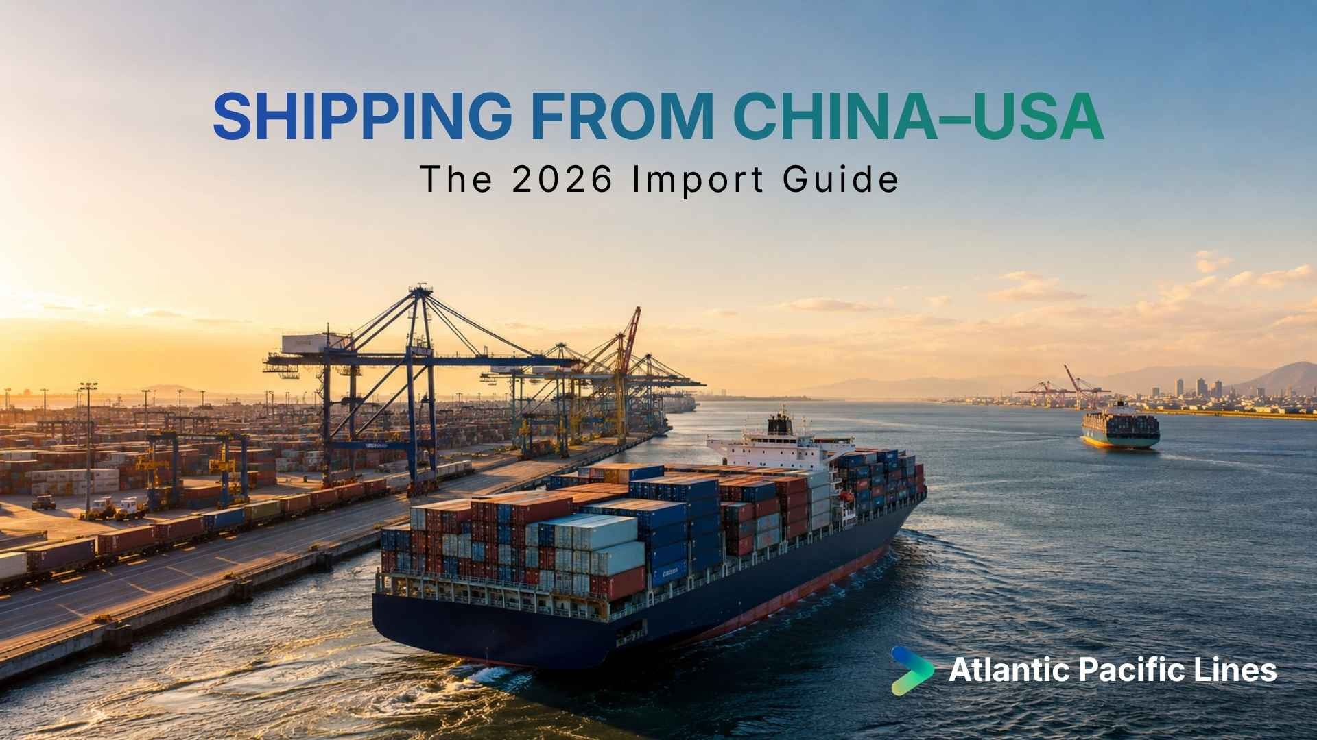 Container vessel sailing from China toward the United States, representing ocean freight methods, transit times, costs, customs, capacity, and delay planning.
