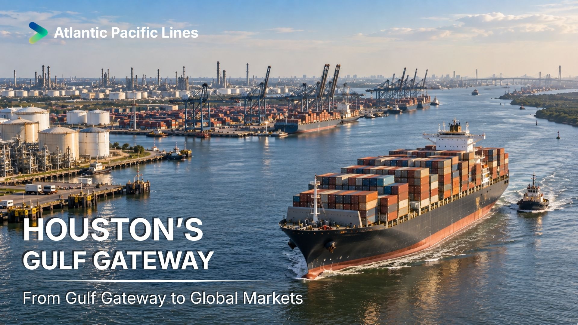 Container vessel moving through the Port of Houston, representing Gulf Coast imports, resin exports, vessel space, drayage, and transload planning.